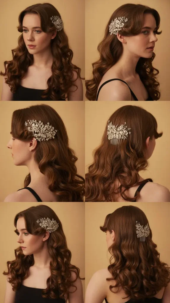 Glamorous Curls with a Jeweled Hair Comb