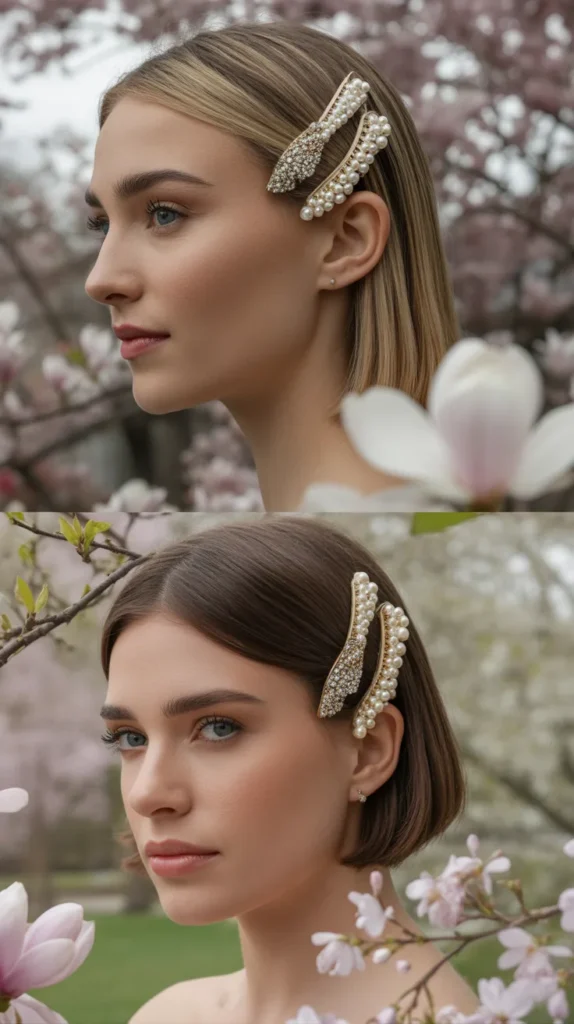 Straight Hair Styled with a Pearl or Jeweled Clip