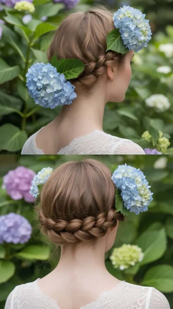 Twisted Crown Braid with Hydrangeas
