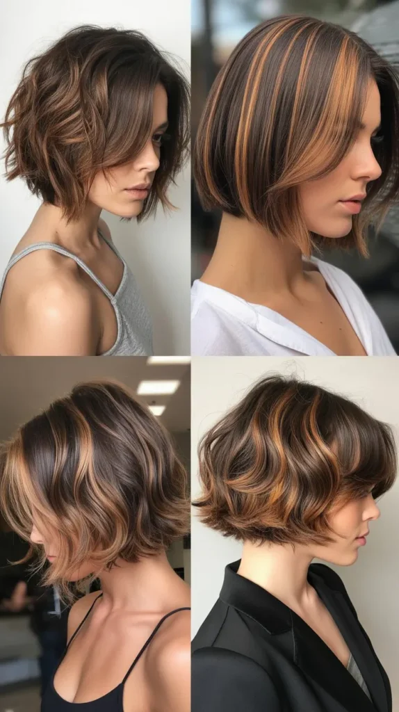  Choppy Brown Bob with Bold Caramel Highlights