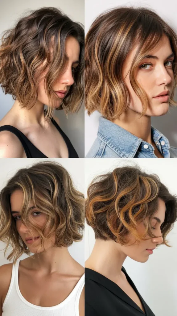 Messy Textured Bob with Warm Caramel Strands