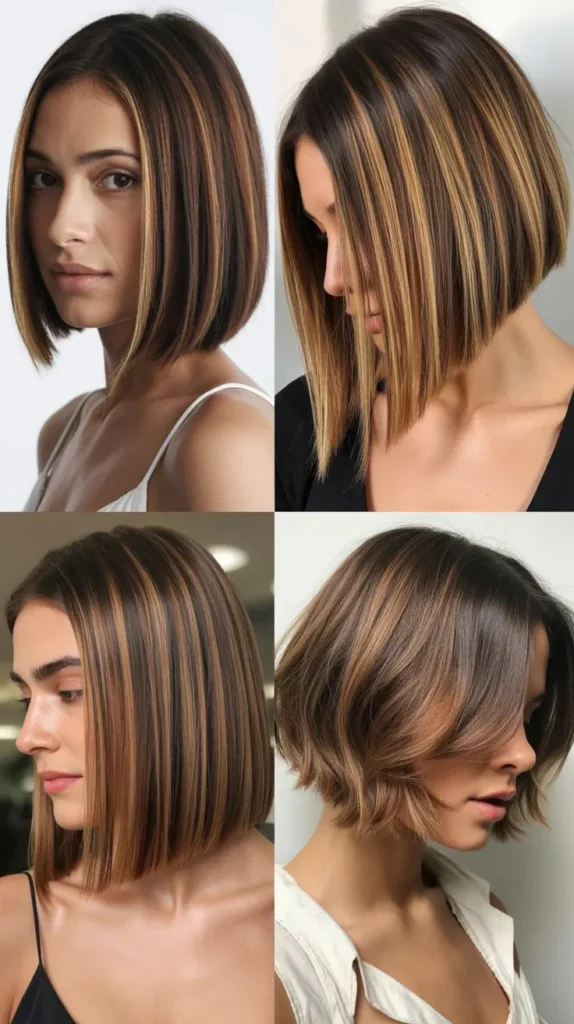 Sleek Straight Brown Bob with Caramel Shine