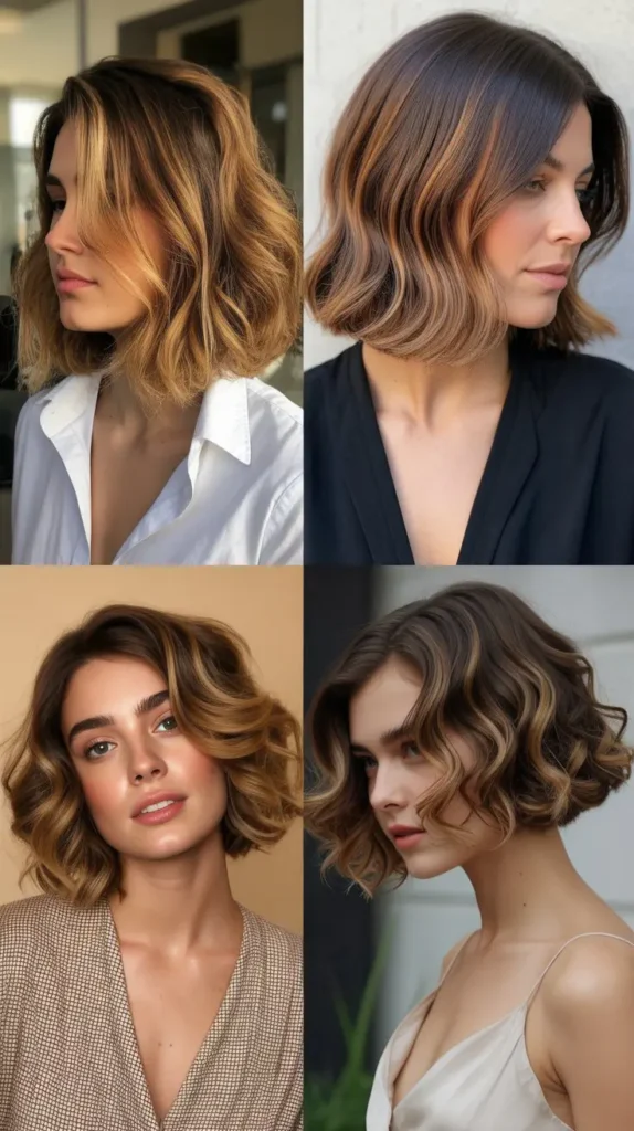 Romantic Soft Wave Bob with Caramel Highlights