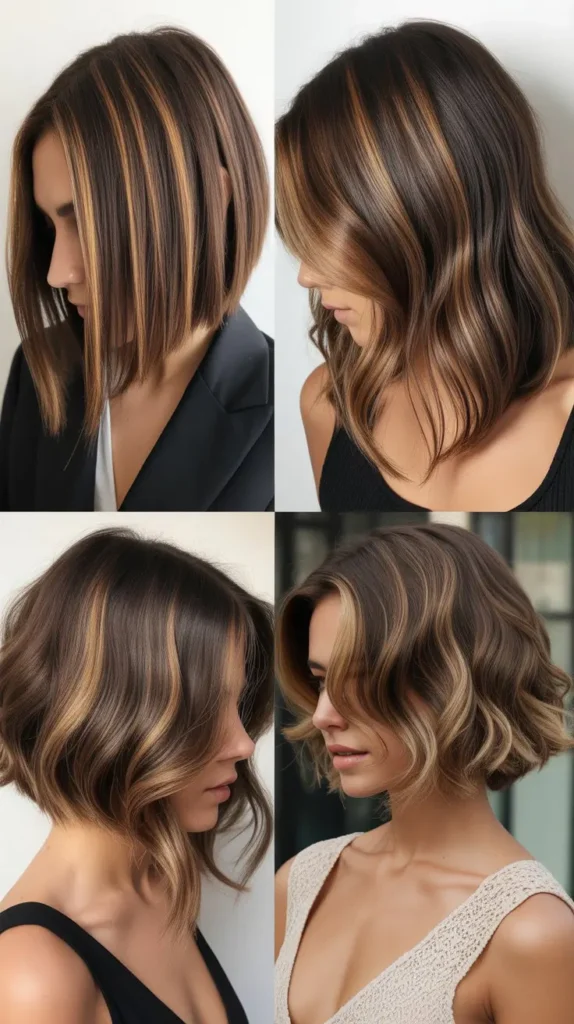  Deep Side Swept Bob with Caramel Balayage