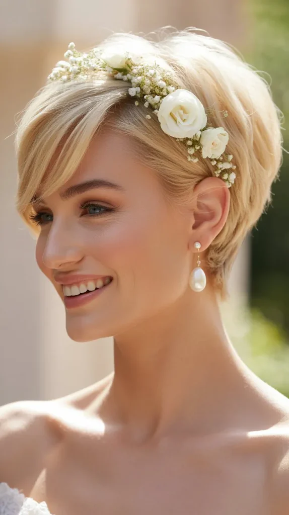Blonde Pixie with Floral Headpiece