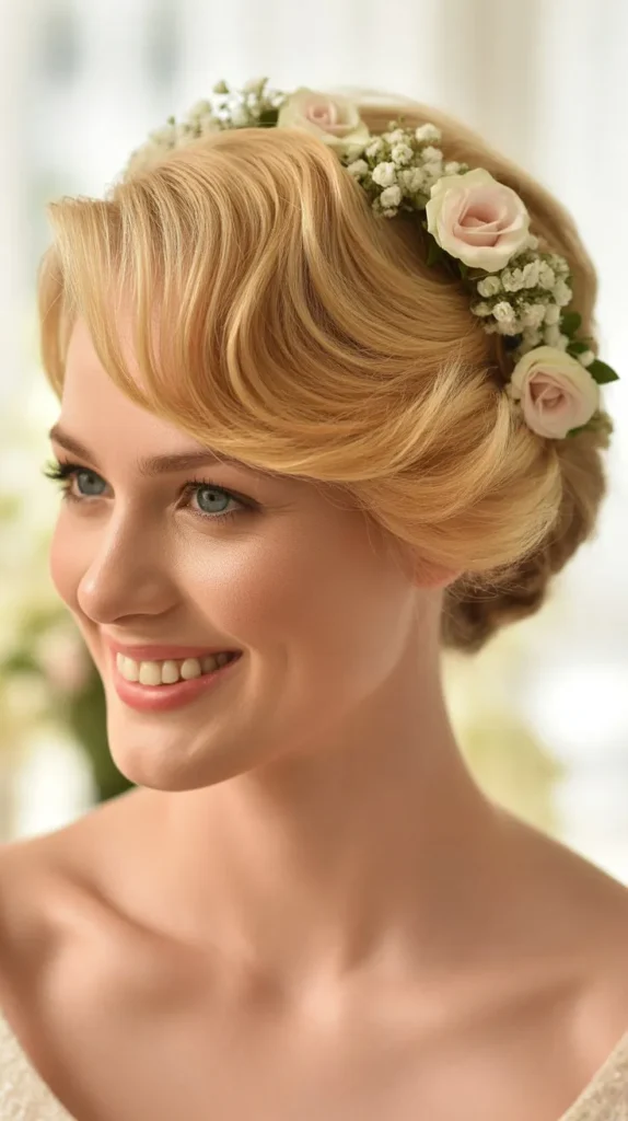 Short Blonde Hair with Floral Accessories