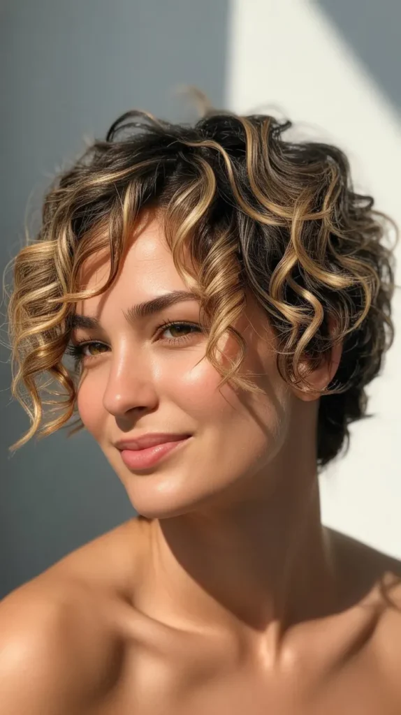 Curly Pixie with Blonde Highlights