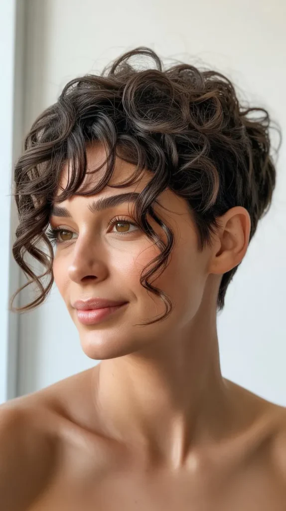 Curly Pixie with Long Bangs