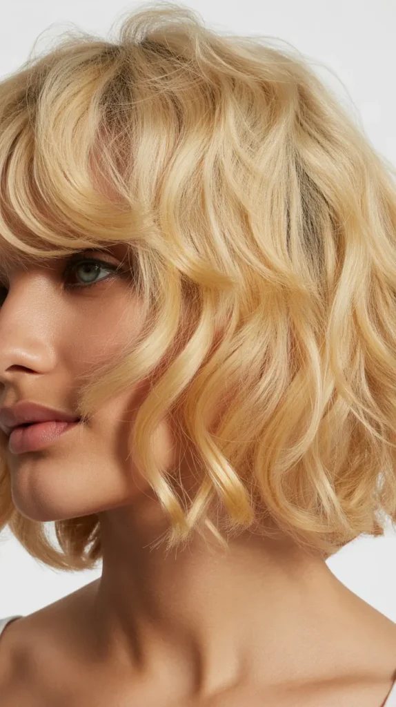 Curly French Bob with Soft Blonde Bangs