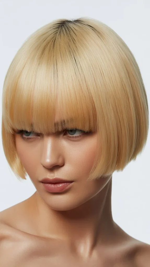 Blunt French Bob with Straight Blonde Bangs