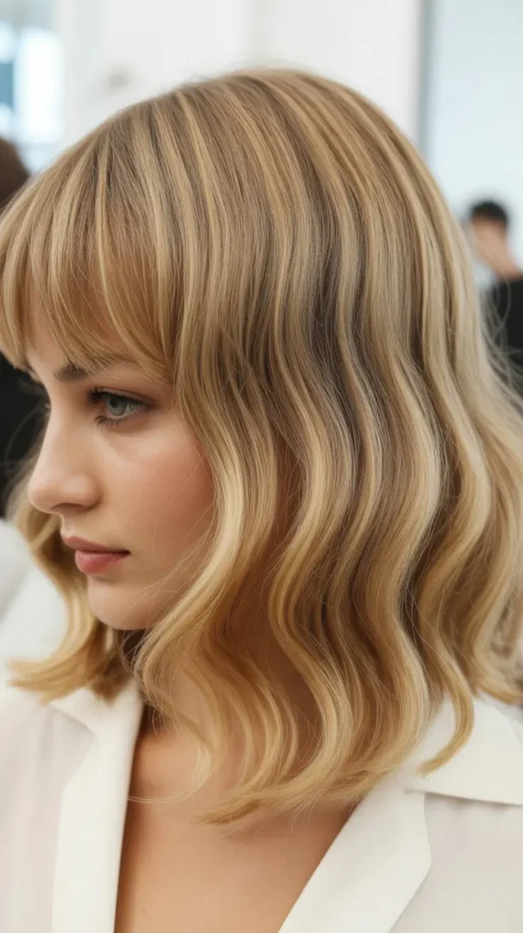 Wavy French Bob with Curtain Blonde Bangs