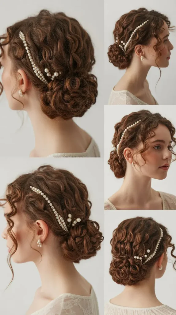  Elegant Curly Low Bun with Pearl Pins