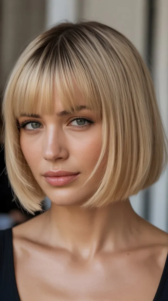 Voluminous French Bob with Fluffy Blonde Bangs