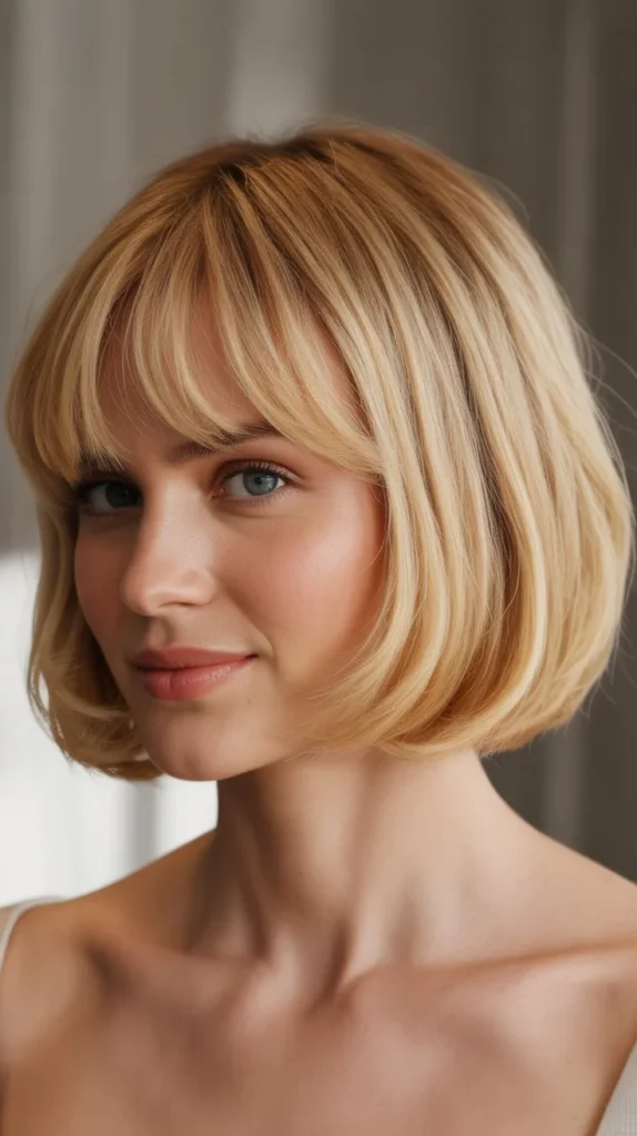 French Bob with Soft Feathered Blonde Bangs