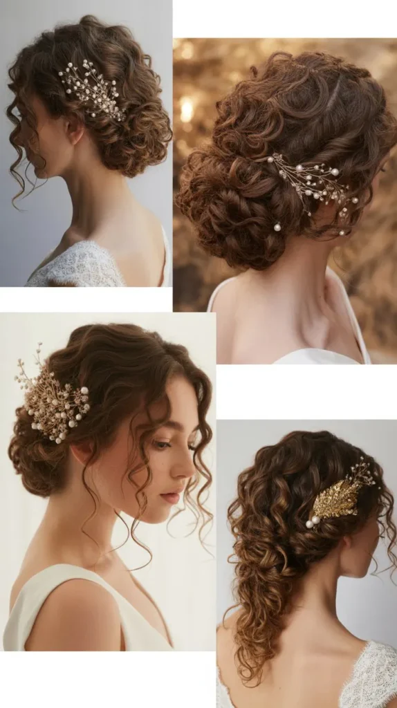 Curly Bridal Updo with Decorative Pins