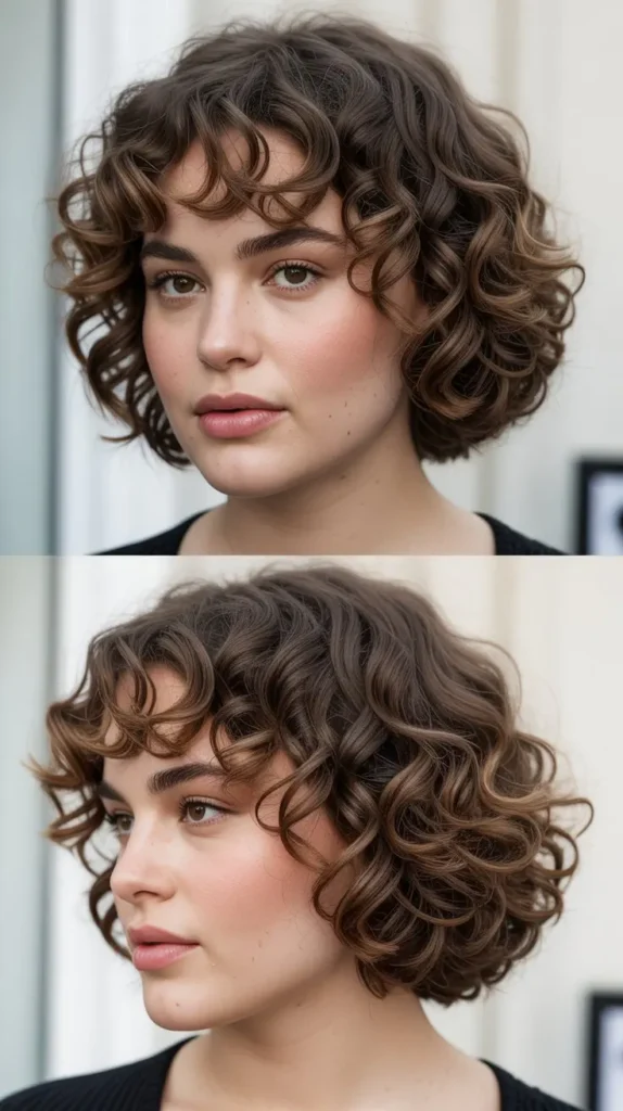 Curly French Bob with Curtain Bangs