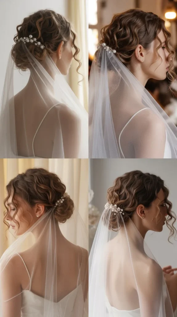 17. Curly Low Bridal Bun with Veil