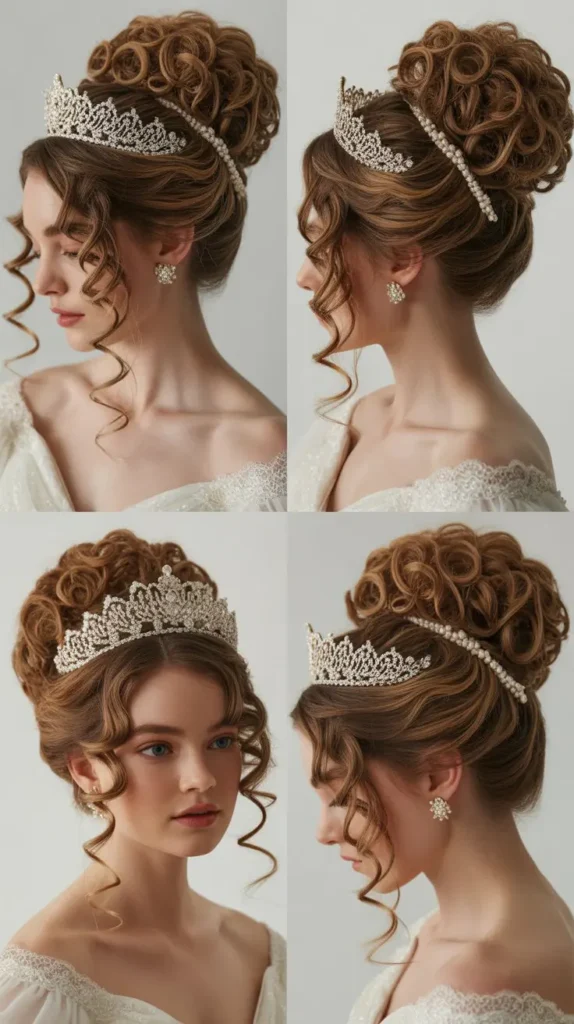 28. Elegant Curly Bridal Bun with Tiara