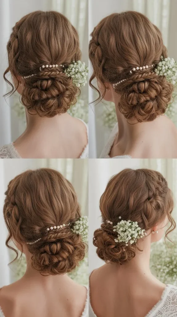 26. Curly Braided Low Bun