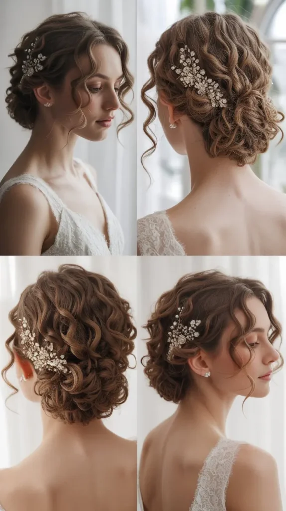 Elegant Curly Bridal Updo with Sparkling Hairpiece