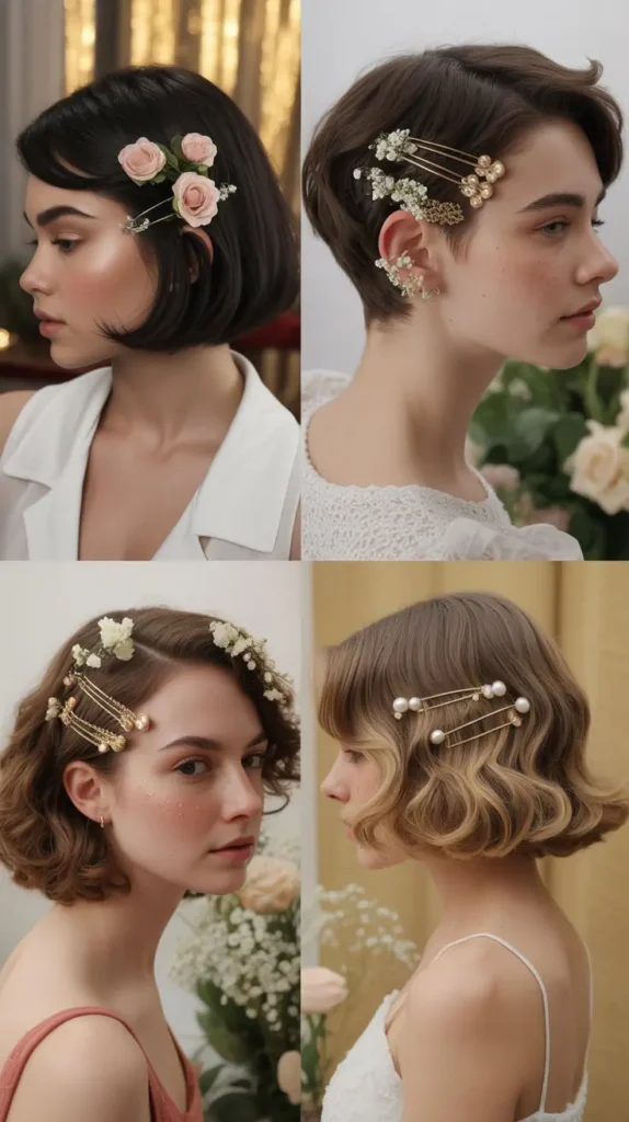 Short Hair with Floral Hair Pins