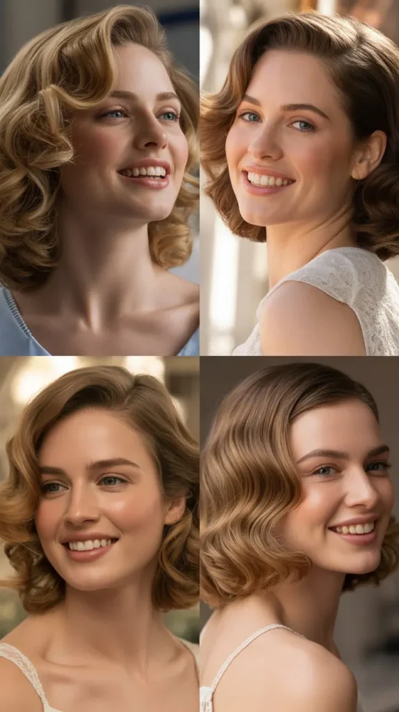 realistic 4 image collage of classic soft wavy hairstyles for date night, natural shine, soft romantic lighting, medium length hair, elegant beauty photography