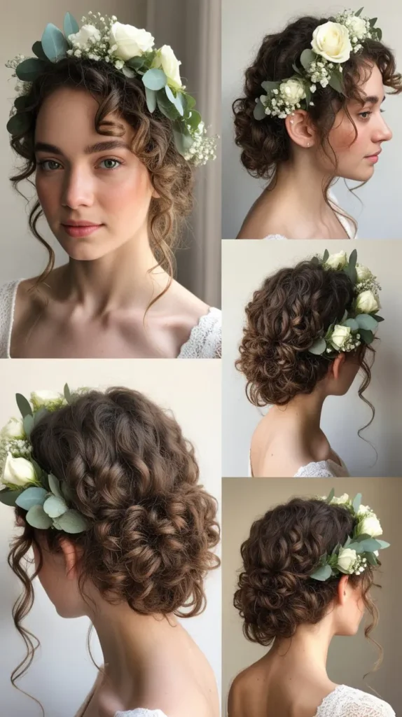29. Curly Floral Crown Updo