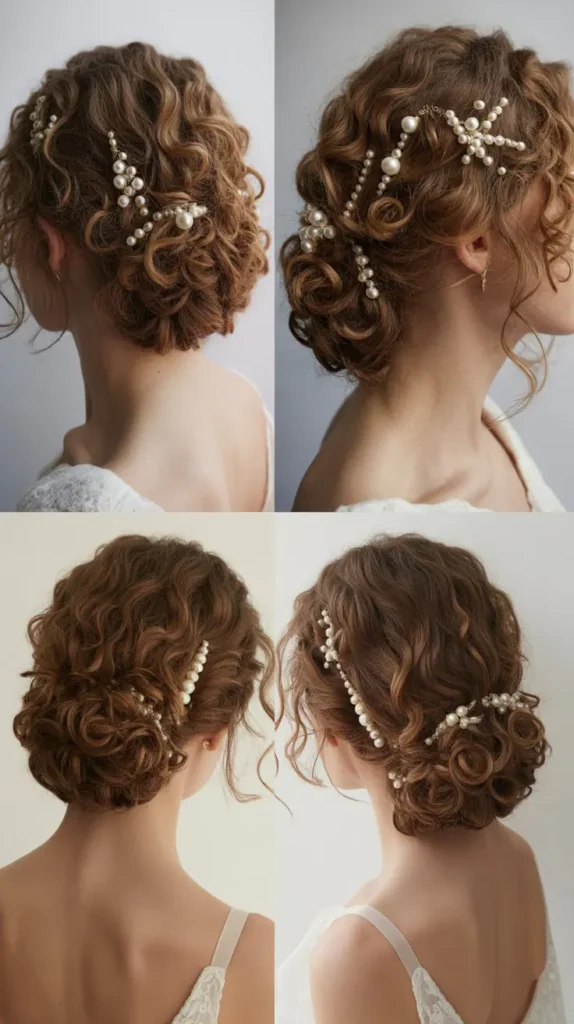 25. Curly Romantic Bridal Updo with Pearl Pins