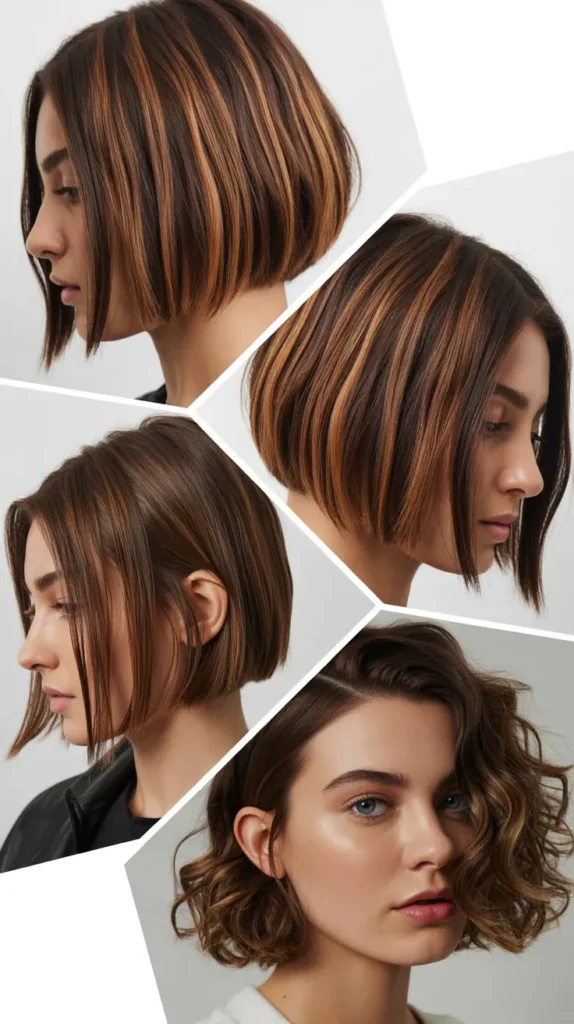 Asymmetrical Brown Bob with Caramel Highlights