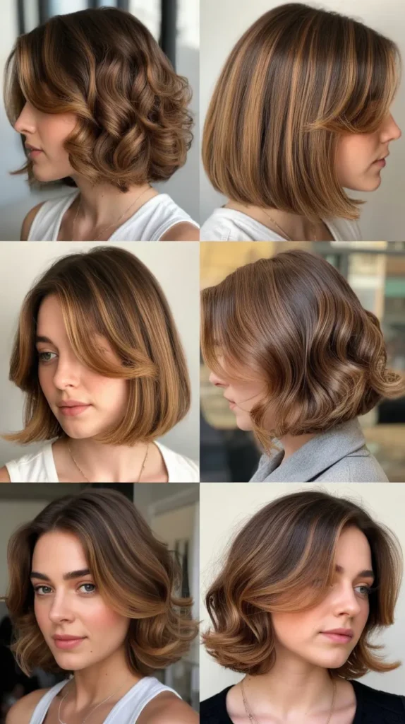 Shoulder-Length Brown Bob with Caramel Highlights