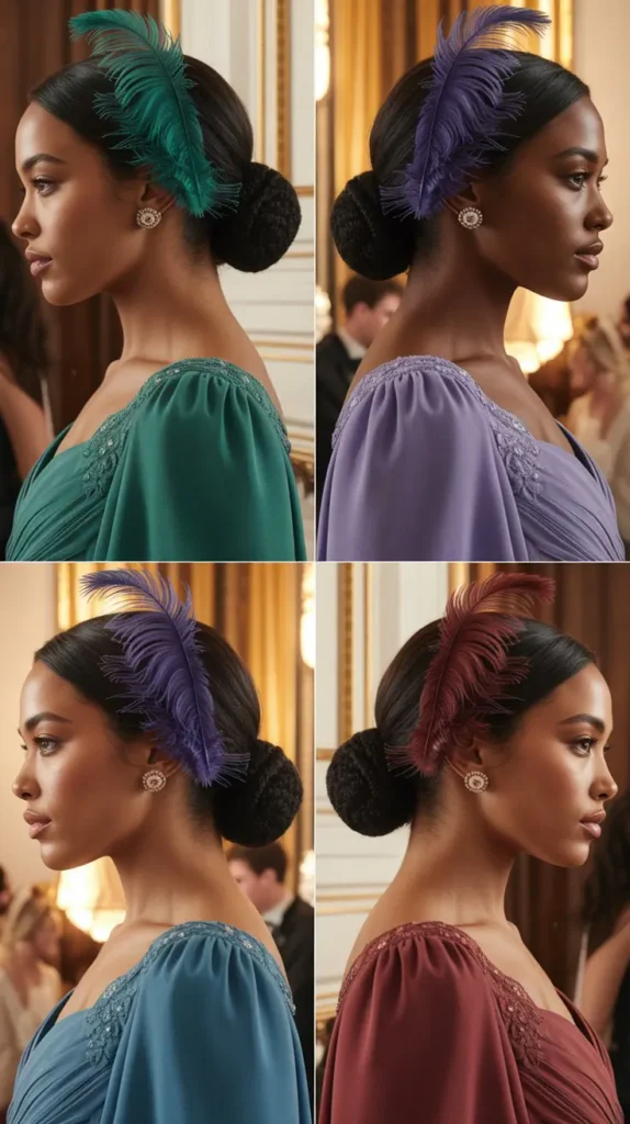 23. Sleek Low Bun with Feather Accent