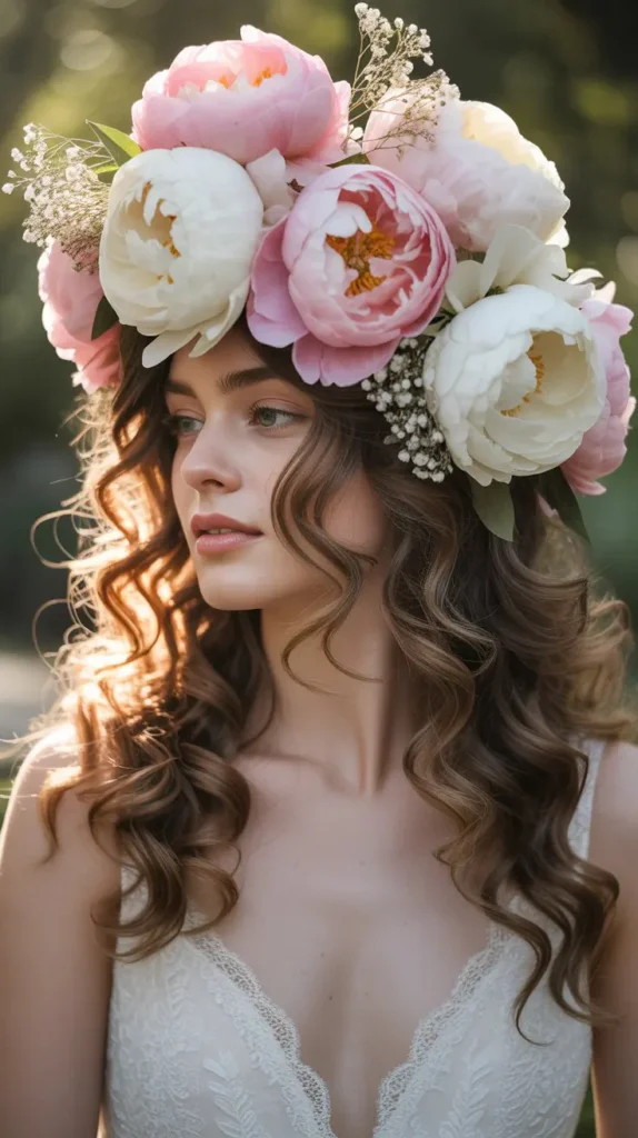 Cascading Curls with Full Peony Crown