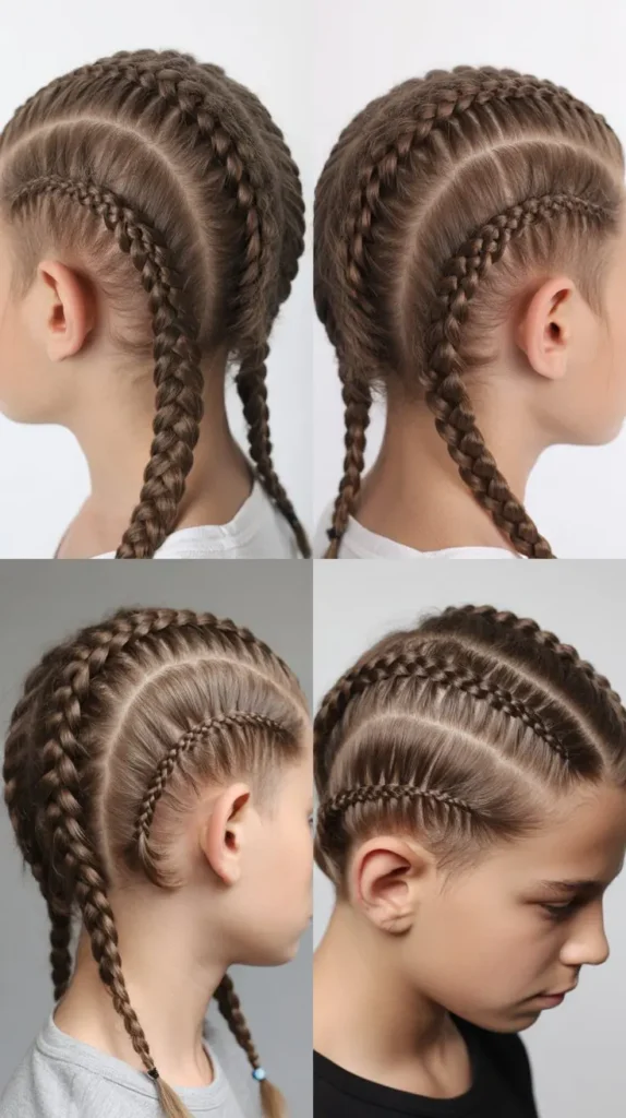  realistic 3 image collage of french braids for boys, clean symmetrical style