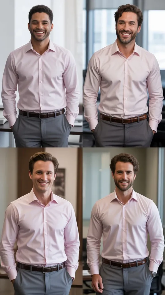 Pink Shirt with Grey Trousers