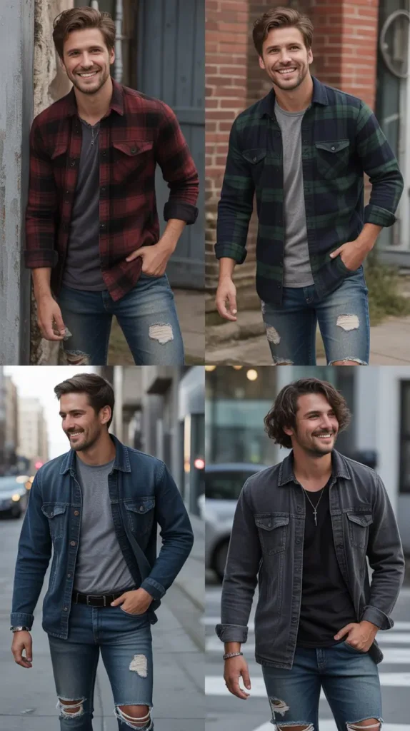 Flannel Shirt with Distressed Denim