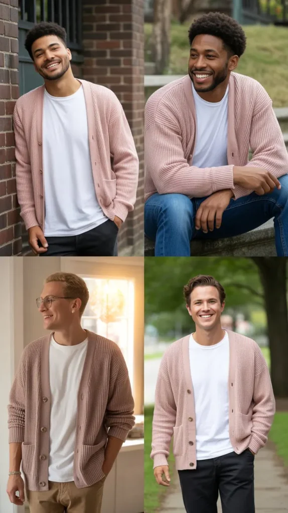 Pink Cardigan with White Tee