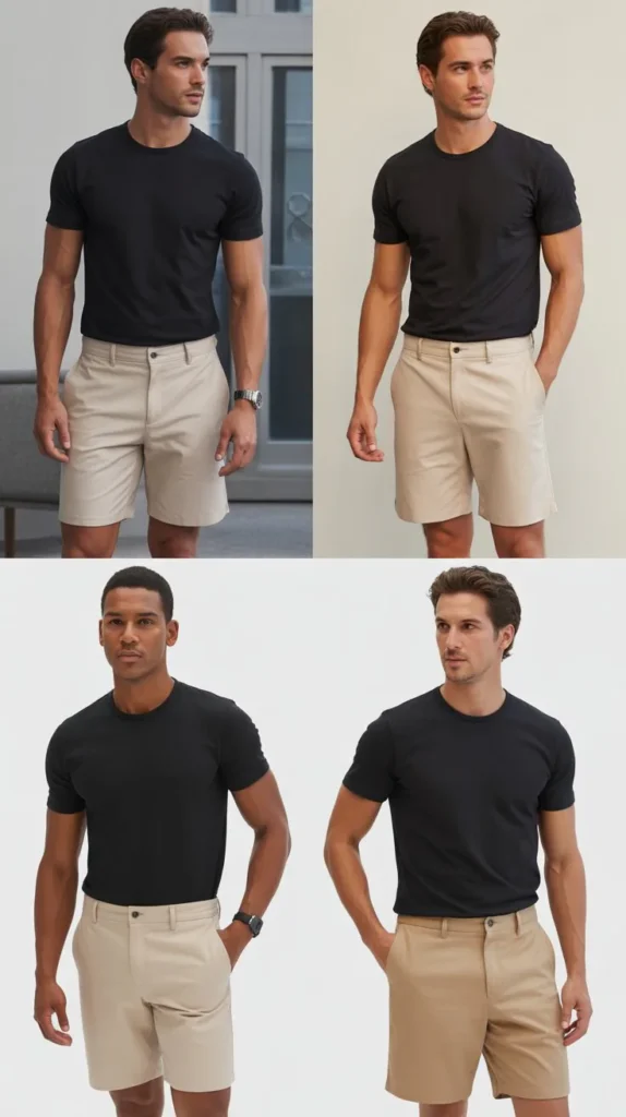 Minimalist Black Tee with Beige Shorts