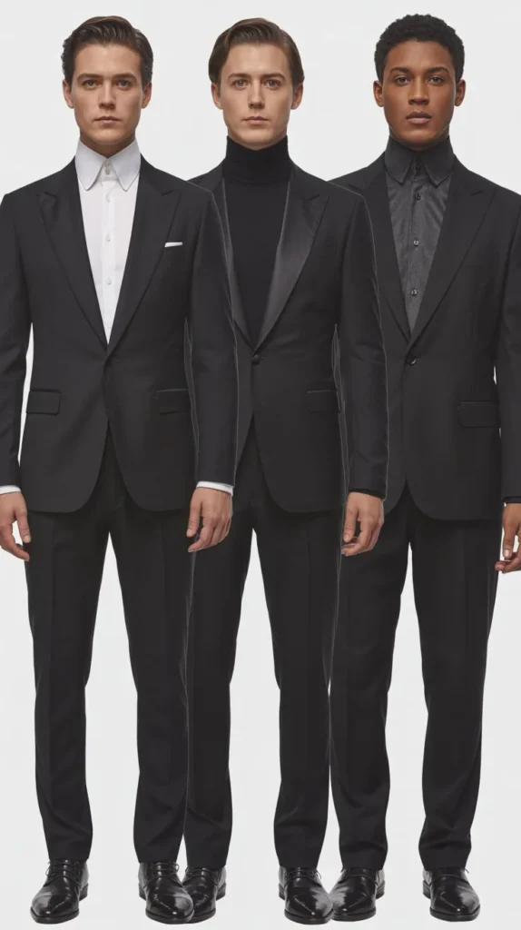 Black Suit with High Collar Shirt