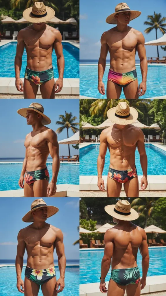 Tropical Print Swim Brief with Straw Hat