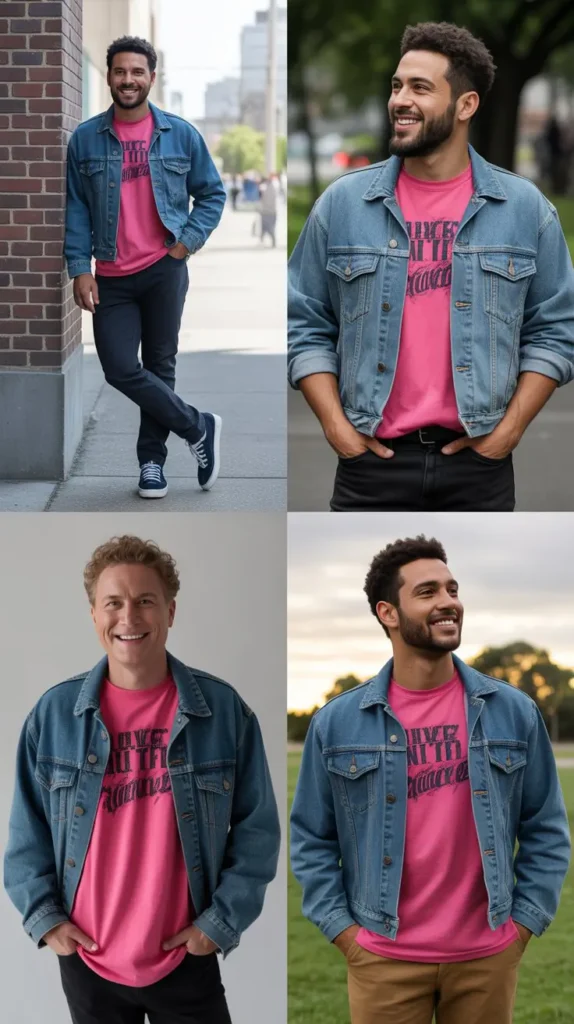 Pink Graphic Tee with Denim Jacket