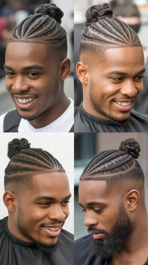 Cornrow Fade with Braided Top Knot