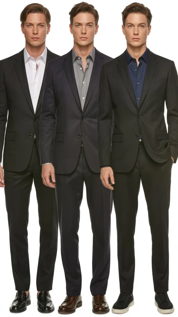 . Black Suit with Open Collar Shirt