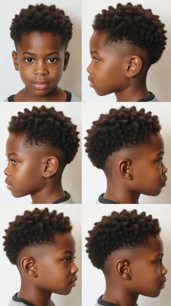 realistic 4 image collage of short afro boys haircut, natural texture