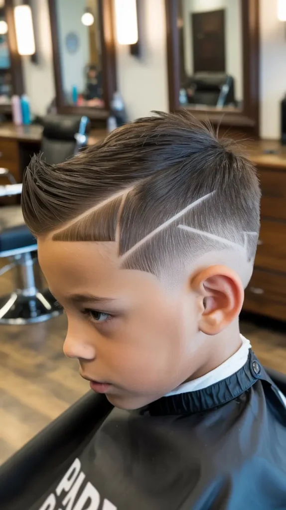 Low Taper Fade Faux Hawk with Line Design
