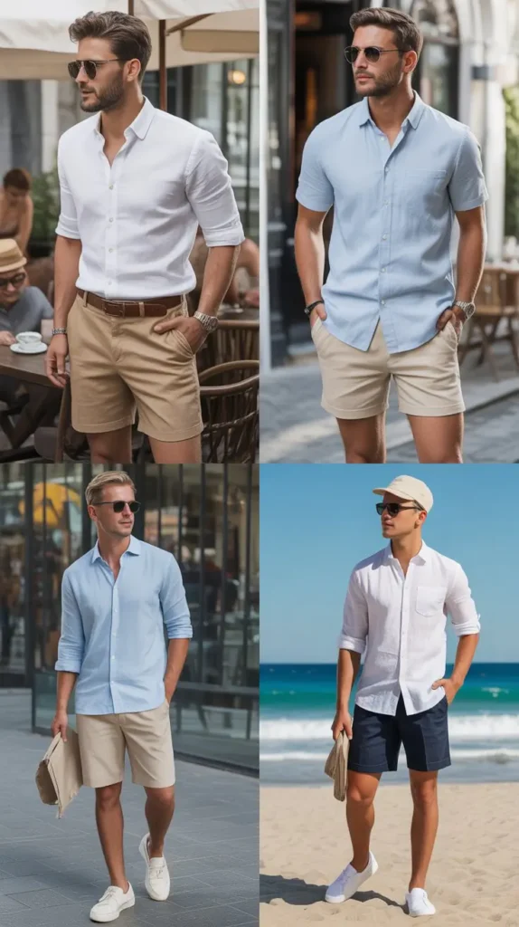 Realistic 4 image collage of men wearing linen shirts with chino shorts during summer, casual city street style, natural sunlight, fashionable male outfits, breathable fabrics, modern summer fashion