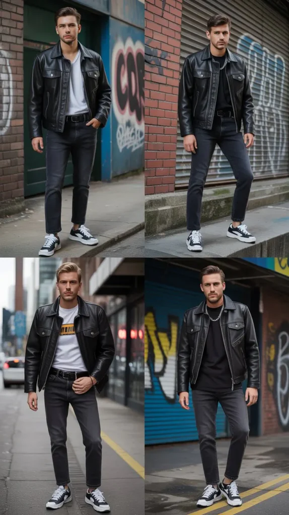 Leather Jacket with Black Denim