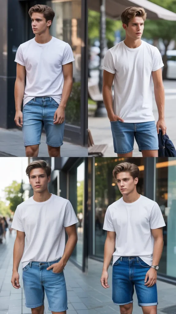 White T-Shirt with Blue Denim Shorts