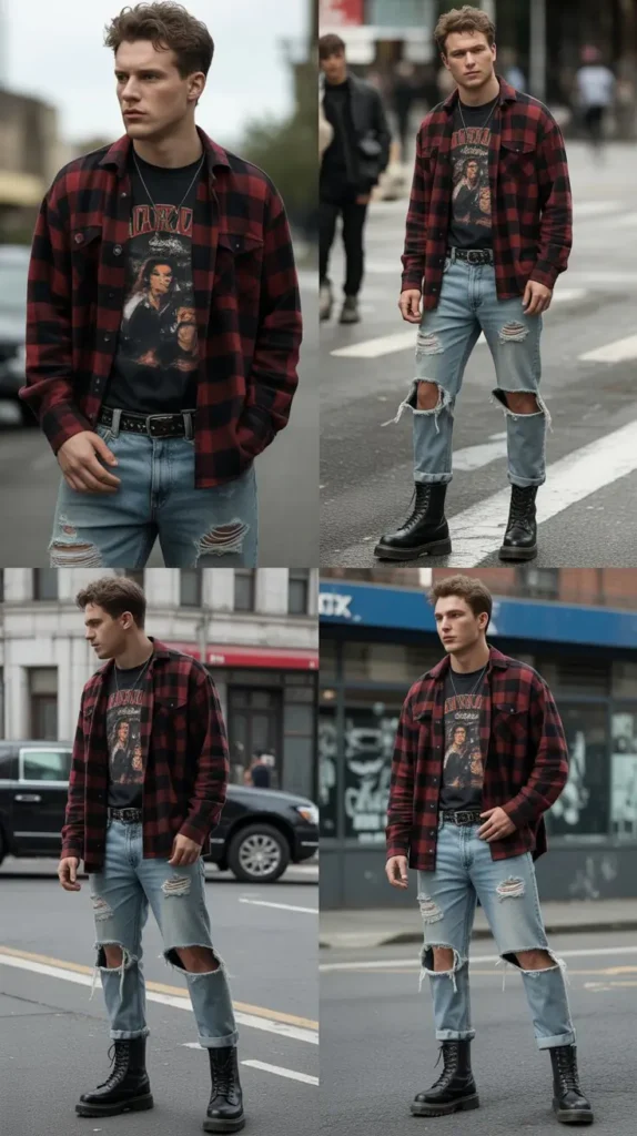 Plaid Flannel Shirt with Ripped Jeans
