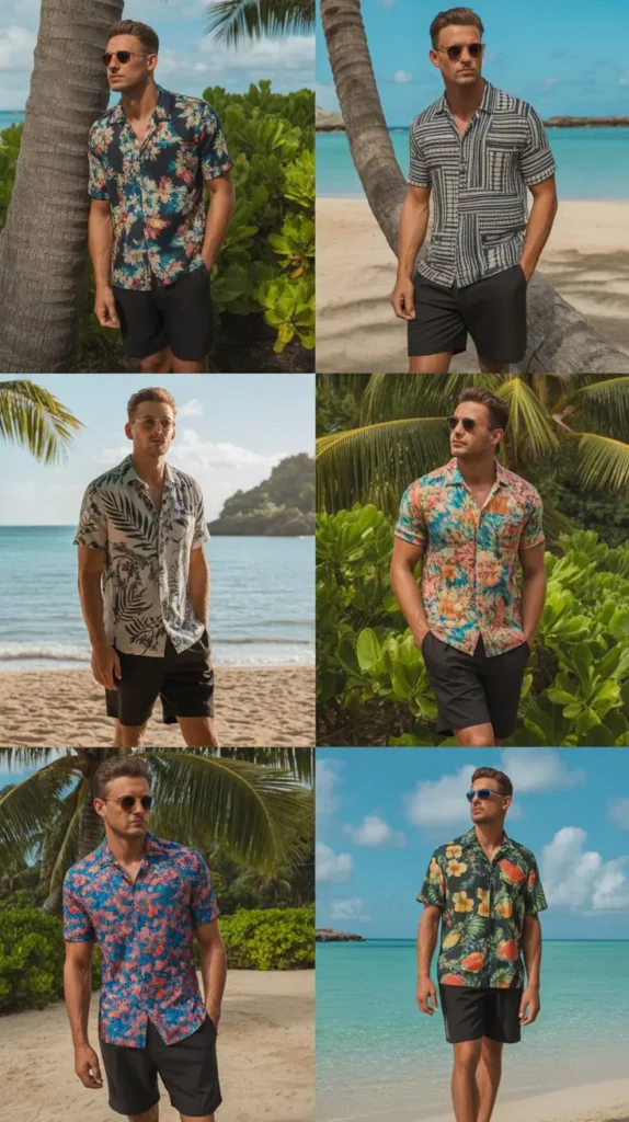  Printed Short Sleeve Shirt with Black Shorts