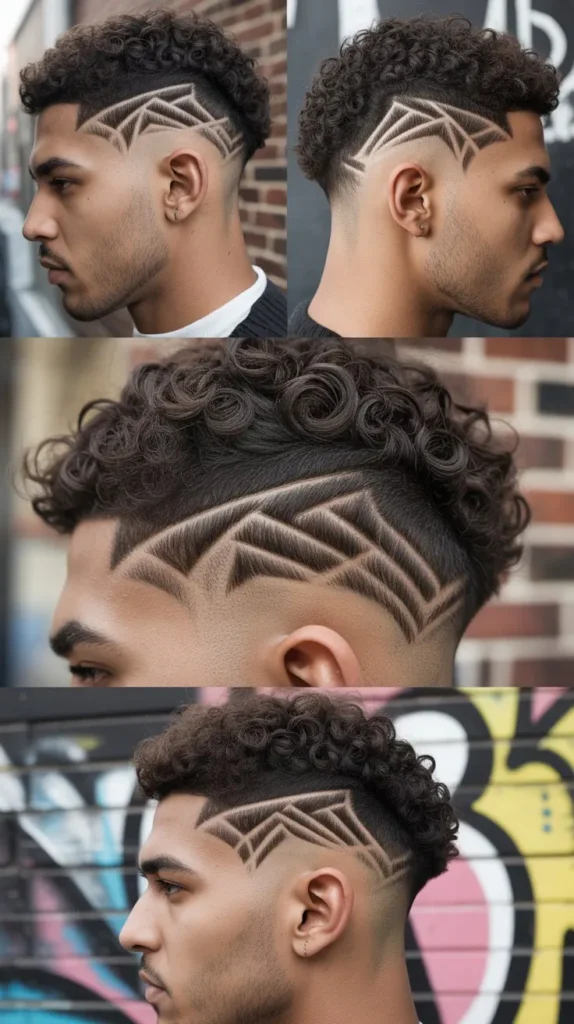 Short Curly Fade with Line Design